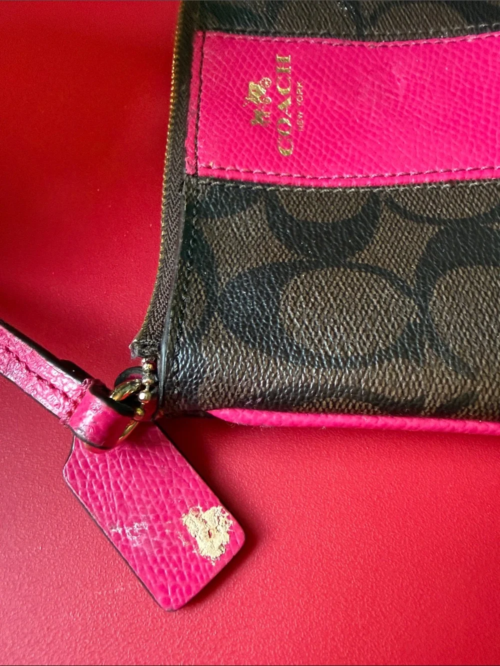 Coach Brown Signature Canvas Wristlet with Pink Center Stripe used
